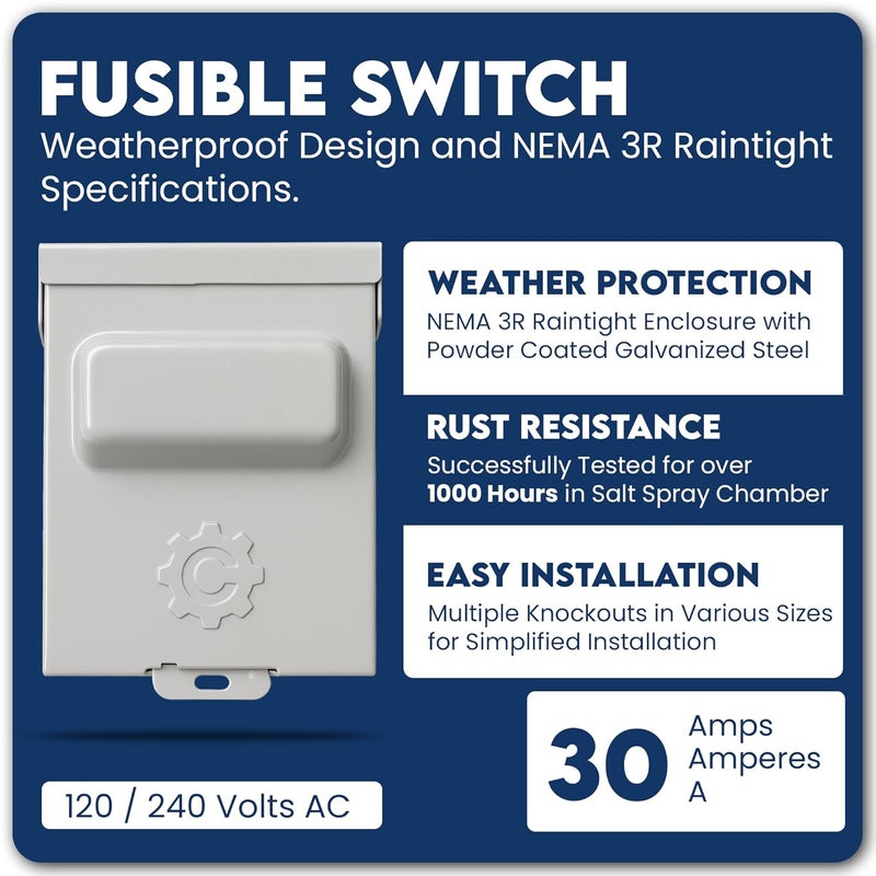 ControlGear 30 Amp Pullout FUSIBLE Disconnect Switch, Brand 240V NEMA 3R Outdoor Metallic Enclosure for HVAC Systems, UL Certified, Single Phase Two Wire (fuses NOT Included) - Image 2